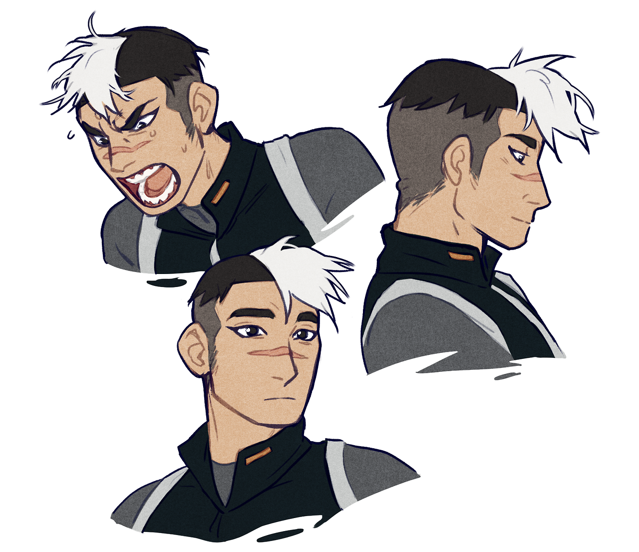 the image is a stylized drawing of the character shiro from voltron legendary defender. it features three different headshots of shiro at different angles, highlighting his facial features, scars, and expressions. he is shown with short, spiky hair that is white on the left side and black on the right. he is wearing a darkcolored jacket or uniform with orange accents.