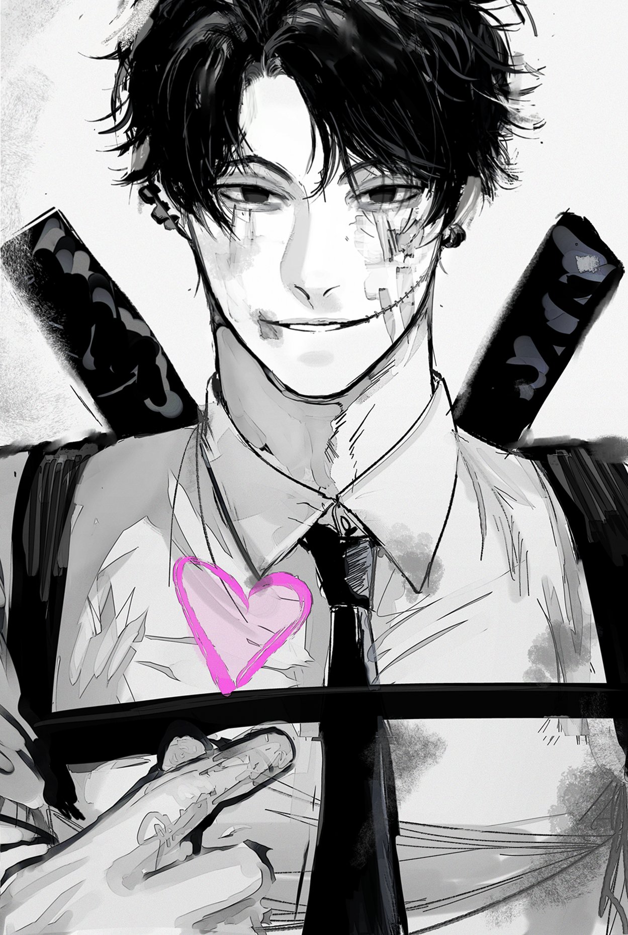 a closeup monochrome drawing of an animestyle male character. he is wearing a white shirt and a black tie, with a pink heart drawn over his chest. the character has dark hair, scars and bandages on his face, and is looking at the viewer with a smirk. the image has a dark and brooding atmosphere, with two black katana swords appearing in the background.