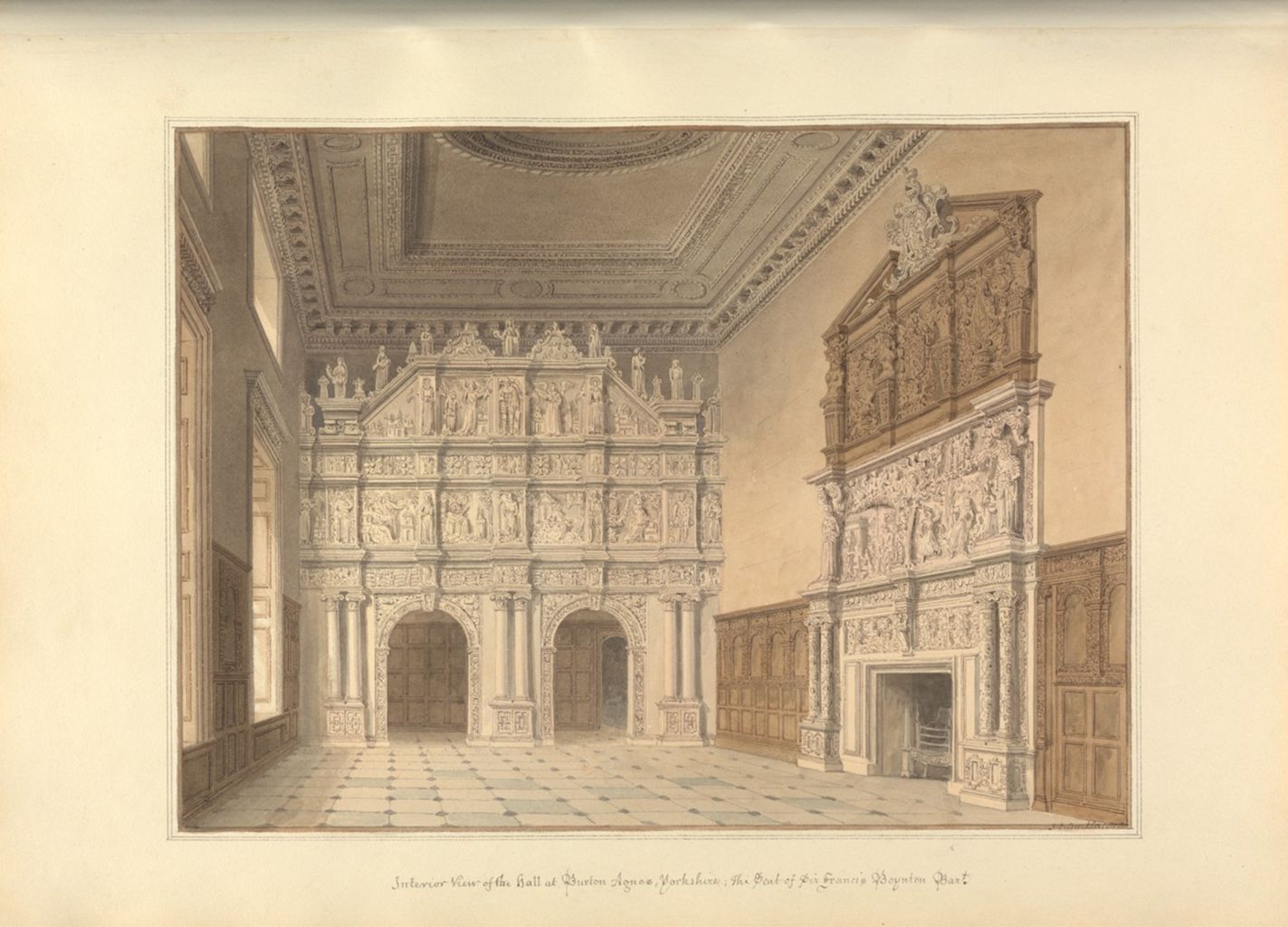 the image is a drawing of the interior of a hall at burton agnes, yorkshire. the hall is highly ornate with a large fireplace on the right wall and an architectural structure with two arched doorways on the left wall. both the fireplace and the doorway structure are decorated with statues and carvings. the walls are paneled. the floor is tiled and the ceiling is coffered. there is a window on the left side of the room.