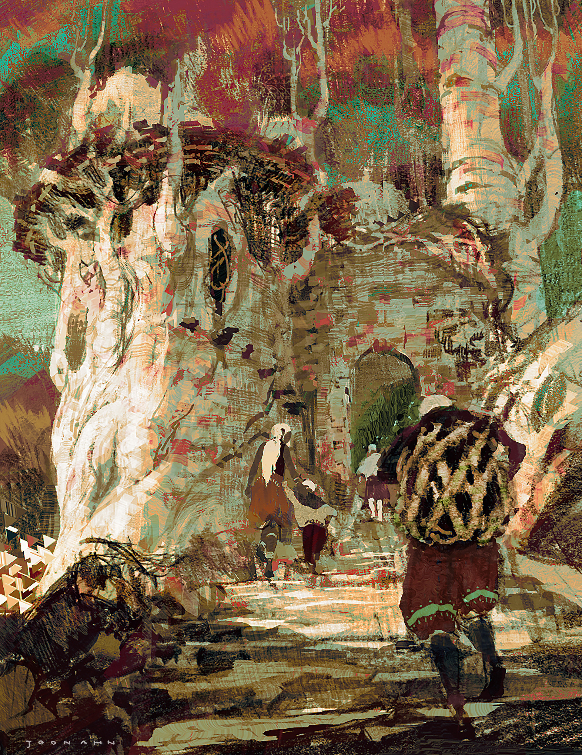 this digital illustration, often categorized as fantasy art, depicts a group of people approaching a dilapidated stone structure nestled amidst towering trees. the building, seemingly ancient and partially in ruins, appears to be built into or around the base of a massive, gnarled tree. its architectural style suggests a blend of natural and crafted elements, hinting at a mystical or magical setting. the overall ambiance is one of mystery and intrigue, inviting the viewer to imagine the stories held within this forgotten place.