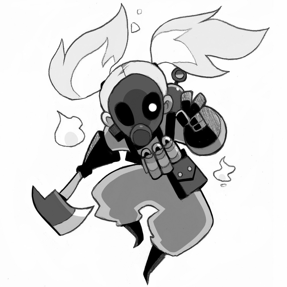 a stylized black and white drawing of a chibilike girl wearing a gas mask and wielding a fire axe. she has fiery pigtails and appears to be midjump. the character's design is reminiscent of the pyro class from the video game team fortress 2.