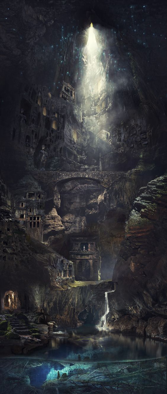the image depicts a fantastical subterranean city nestled within a large cave. light streams down from an opening above, illuminating the complex structures of the city, which include buildings carved into the rock face, a stone bridge spanning a chasm, and a waterfall cascading into a pool of water. the architecture is ancient and weathered, suggesting ruins of a oncethriving civilization. the scene has a mystical and atmospheric quality, evoking a sense of wonder and exploration.