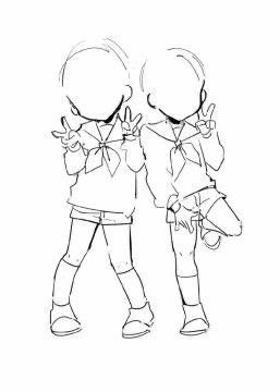 a line art drawing of two anime girls with no facial features, wearing school uniforms and holding hands while making peace signs.