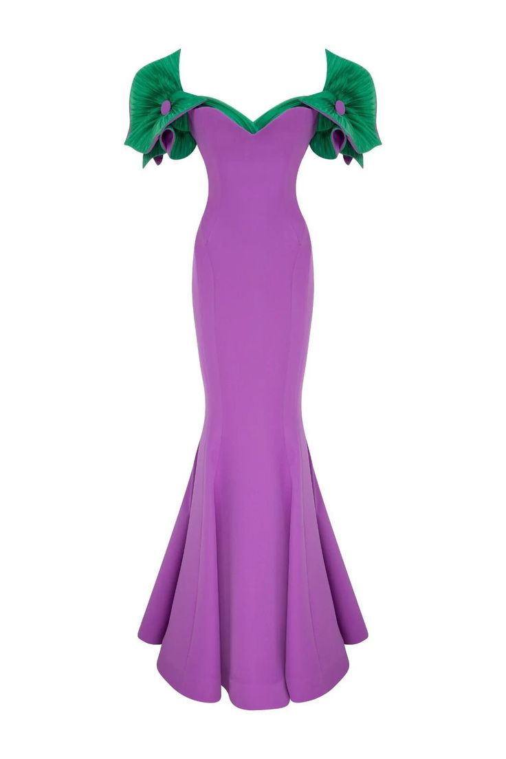 a floorlength, formfitting purple dress with green pleated sleeves is displayed against a plain white background. the dress has an offtheshoulder neckline with a green trim and green pleated sleeves, adorned with round embellishments. the body of the dress is a mermaid silhouette, fitted through the torso and flaring out from the knees. the overall appearance is formal and elegant.