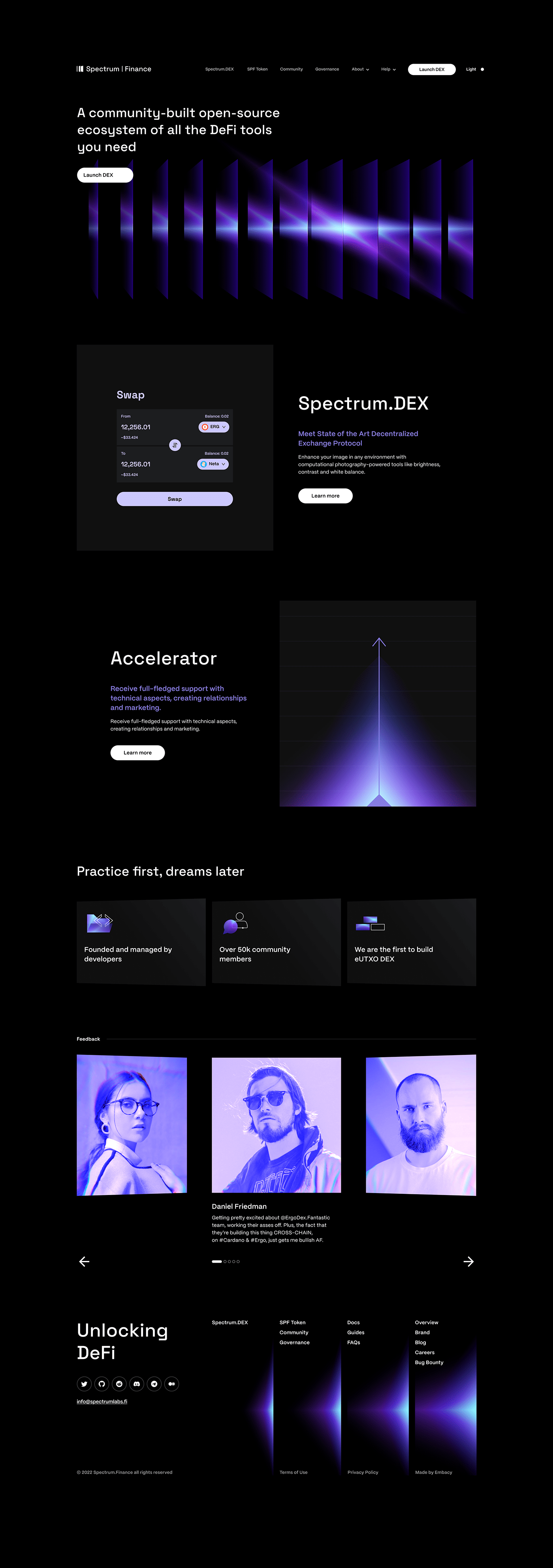 the image is a website screenshot showcasing a defi platform called spectrum.dex. the website highlights the platform's communitybuilt opensource ecosystem, providing tools for defi users. the website features sections for "accelerator," "practice first, dreams later," and "unlocking defi." the design incorporates a vibrant purple and blue color scheme, with a focus on clean typography and visual appeal. the overall impression is one of a modern and userfriendly platform, dedicated to empowering users in the defi space.