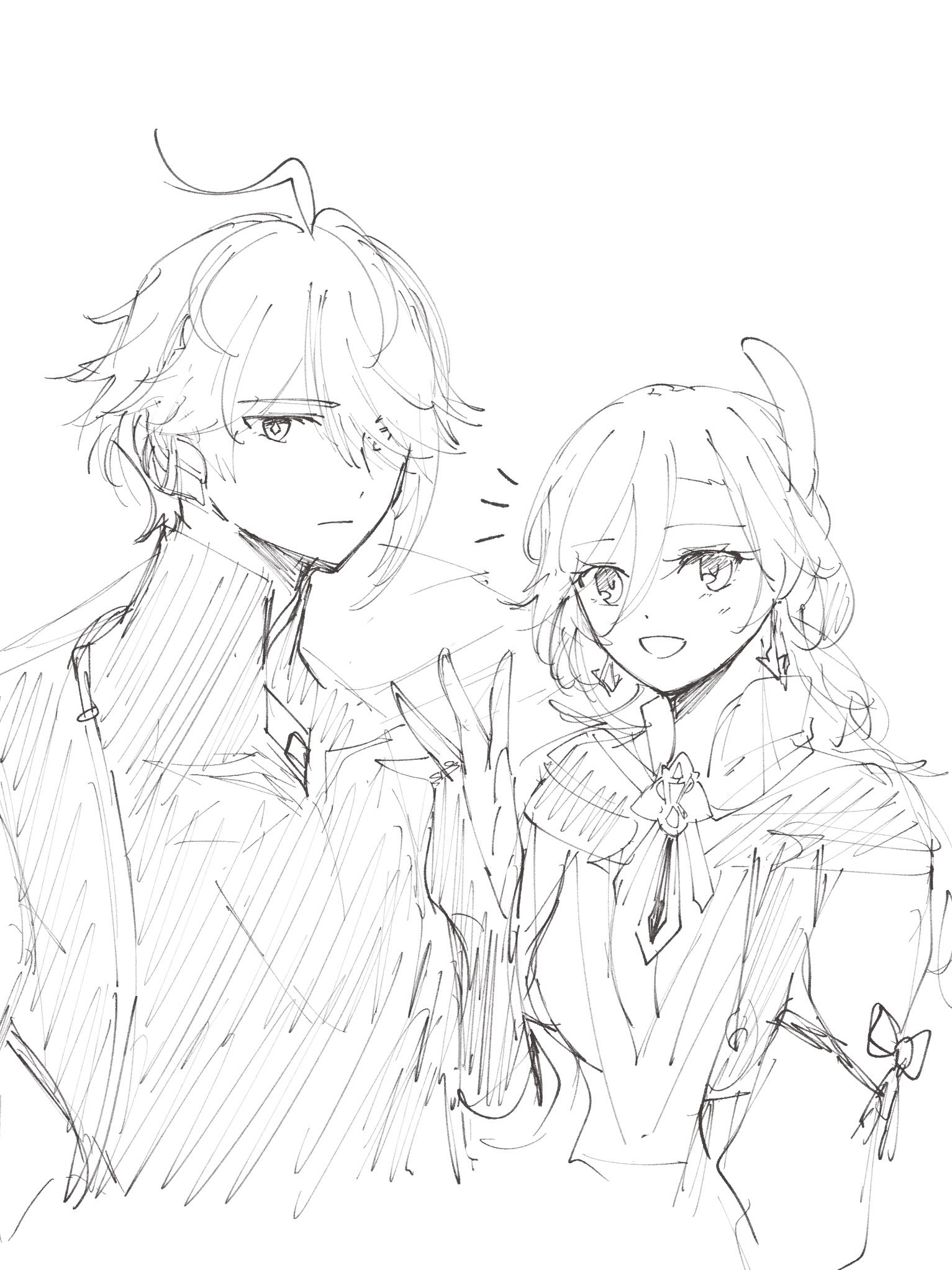 a sketch of a young man and woman standing side by side. the man is on the left and the woman is on the right. the man is wearing a jacket and has short hair. the woman has long hair and is wearing a dress with a bow. they are both smiling. the sketch is done in black and white.