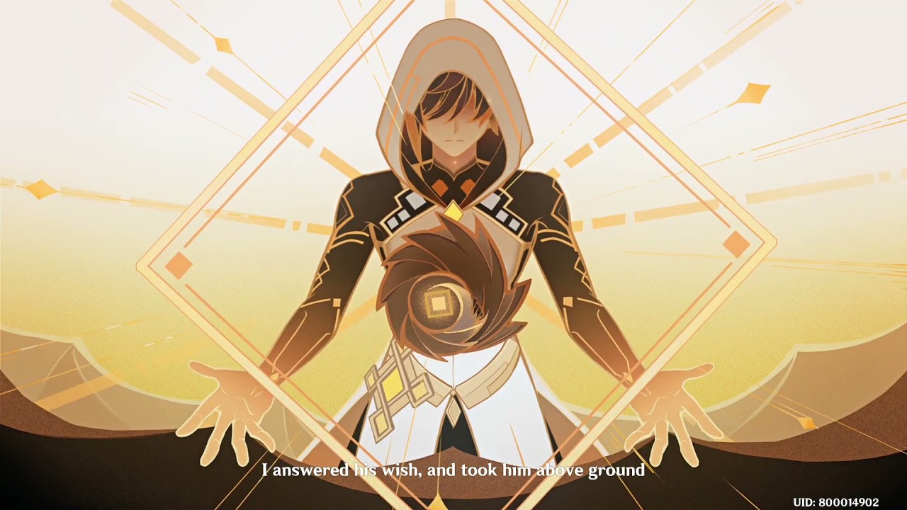 a male anime character with brown hair is standing with outstretched arms, as light beams out from them. he is wearing a white and brown outfit and a black hooded jacket, with a golden and black emblem on his chest. the background is a bright yellow sky with glowing light. the character is surrounded by an energy circle that glows gold, and the text "i answered his wish, and took him above ground" is written in the bottom corner.
