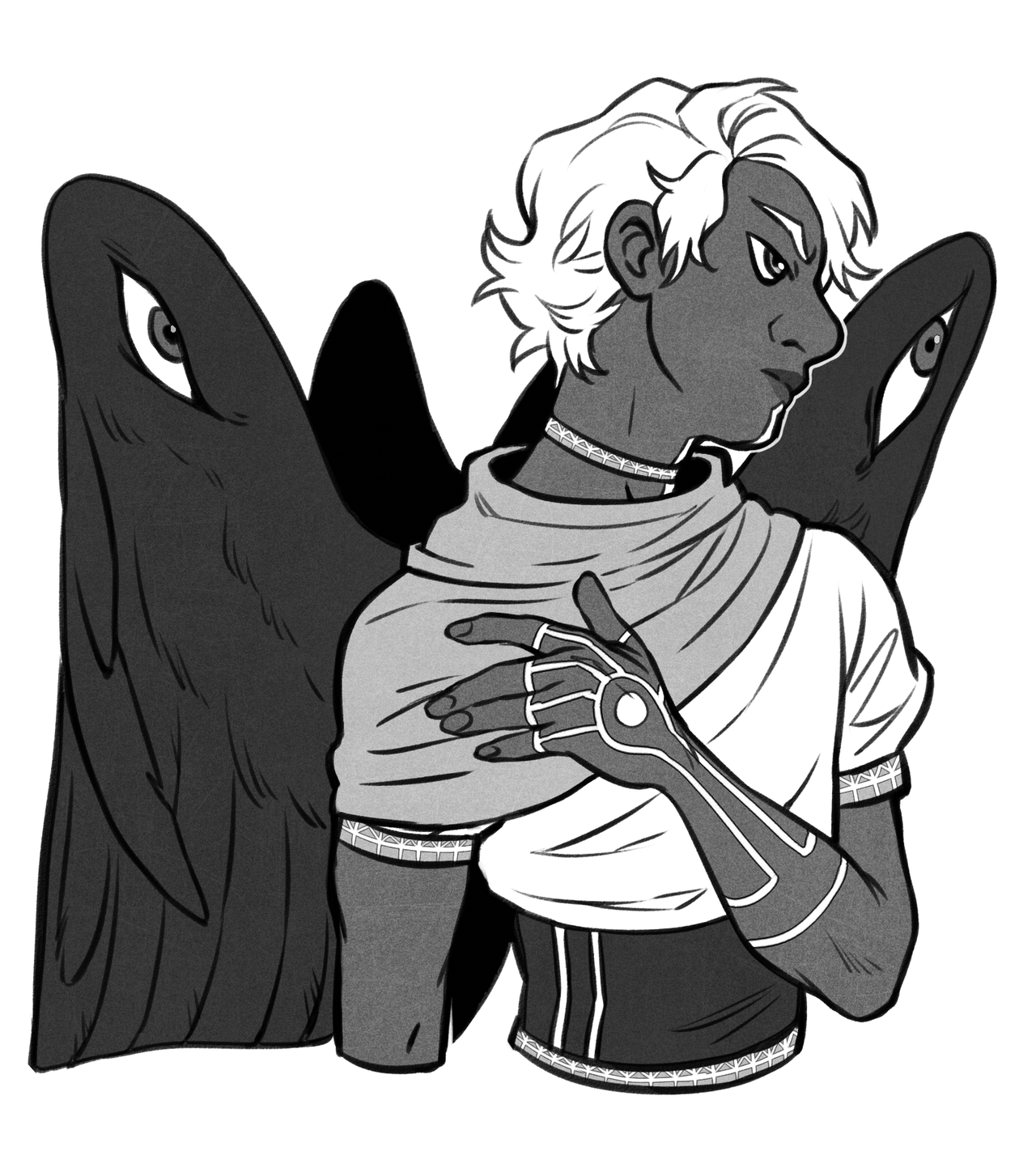 a black and white drawing of a young man with short, wavy white hair from the chest up, turned to his right and looking over his shoulder. he has a futuristic arm brace on each arm and large, feathered wings behind him. each wing has a large, disembodied eye on it. the style of the lineart, anatomy, and values is reminiscent of comic books.