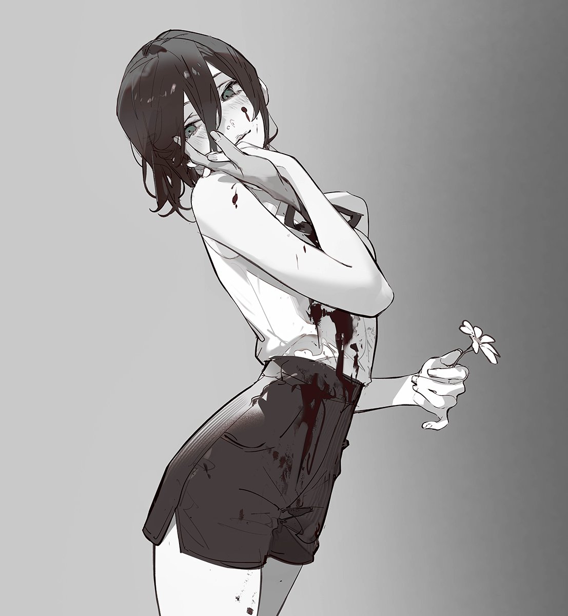 an animestyle illustration of a young woman with short hair, wearing a white top and dark shorts. she is covered in what appears to be blood, with streaks running down her face, chest, and legs. she holds a single white flower in one hand, while the other is raised to her face as if in distress. her expression suggests she is crying or in pain. the image is in monochrome with a grayscale background.