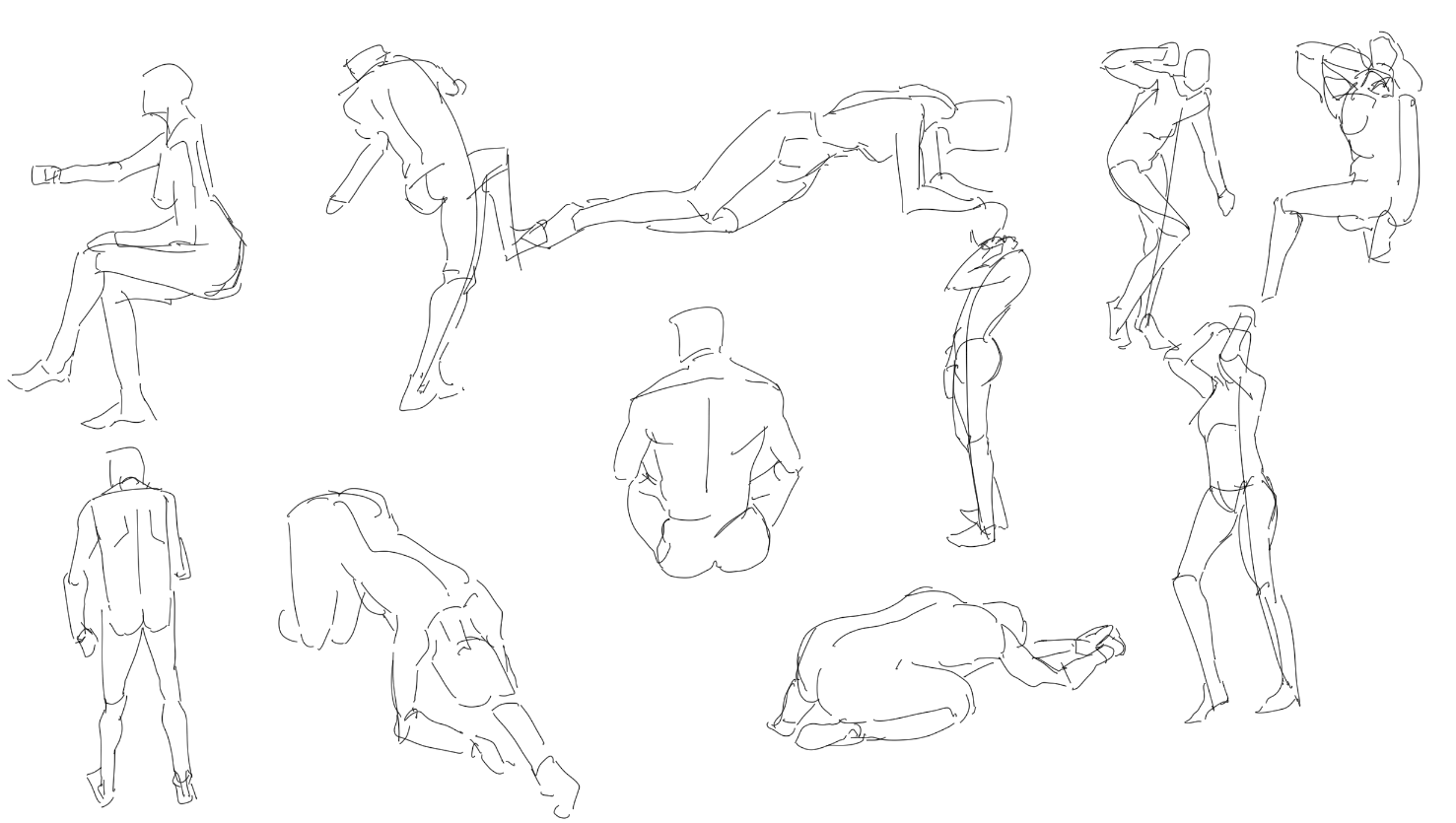 the image shows a collection of quick gesture drawings of people in various poses. they are all sketched lightly and quickly, capturing the essence of the pose rather than fine details. the drawings include both male and female figures, sitting, standing, and lying down.