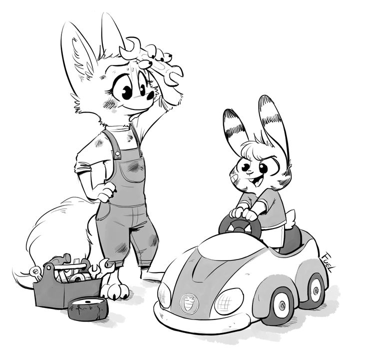 a black and white drawing of a fox dressed as a mechanic, holding a wrench to its head and looking thoughtful. next to the fox is a bunny rabbit child happily sitting in a toy car. a toolbox and a tire are next to the fox. the scene has a humorous and lighthearted feel.