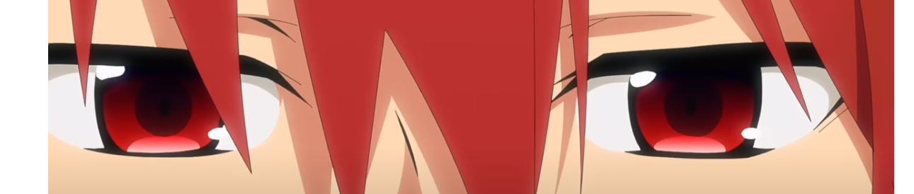 this is a close up image of anime character's eyes and forehead. his bright red hair frames his intense, red eyes, hinting at a determined or serious personality. the soft lighting and subtle shading add depth to his features.