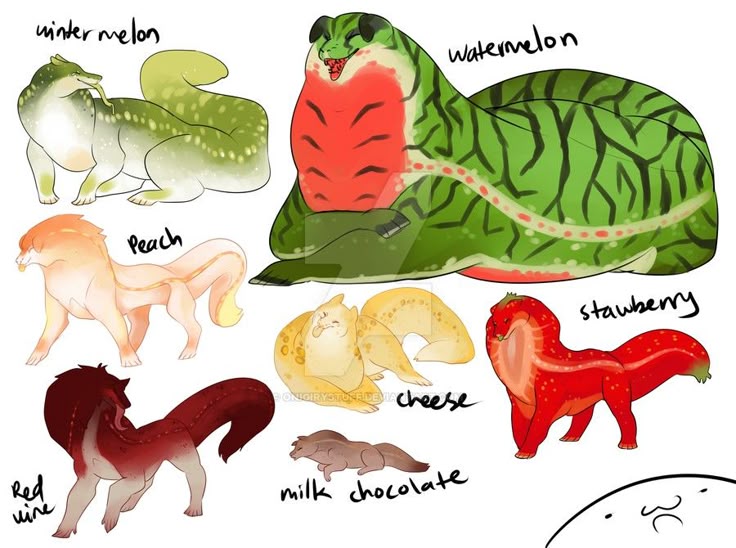 the image displays a collection of digital drawings featuring various animallike creatures inspired by different food items. there is a "watermelon" creature resembling a large slug with watermelon rind patterns, a "winter melon" creature similar to a canine with winter melon coloring, a peachy colored canine, a "cheese" creature, a "milk chocolate" creature that looks like a rodent, a "red wine" creature resembling a horse, and a "strawberry" creature that looks like a fox. the illustrations are cartoonish, with simplistic designs and labeling of each creature.