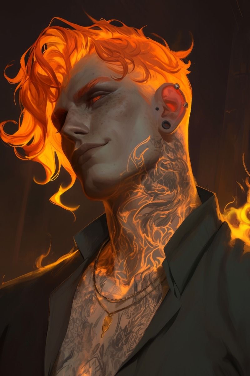 a portrait of a man with bright orange hair and flames. he has a tattoo on his neck and chest. he's wearing a dark green shirt with gold necklaces. he's looking at the camera with a confident, almost smirking expression. the overall atmosphere is mysterious and dark.