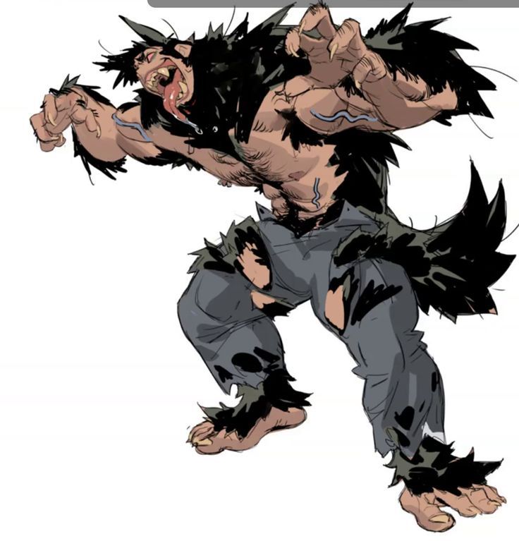 the image is a dynamic illustration of a werewolflike creature. the creature is bipedal, with a muscular, hairy torso and arms. its lower body is a blend of humanlike legs in ripped gray pants and wolflike paws.  the face is clearly wolfish with sharp teeth and a protruding tongue.  the creature is depicted in a fierce, aggressive pose, claws extended, with a snarling expression. the art style is somewhat rough, with visible brushstrokes and shading giving it a gritty, comic book feel. the background is plain white, making the creature the focal point.