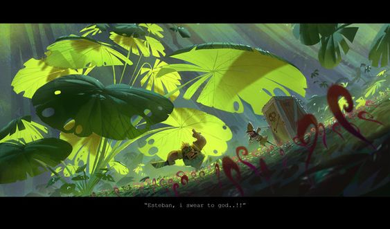 the image depicts two explorers in a vibrant, overgrown jungle.  giant, luminous leaves dwarf the explorers, one of whom points excitedly while the other reacts in surprise. a weathered treasure chest rests nearby, nestled amongst the fantastical flora. the scene suggests both the wonder and potential peril of their adventure. the use of light and perspective enhances the feeling of being dwarfed by the immense, vibrant jungle.