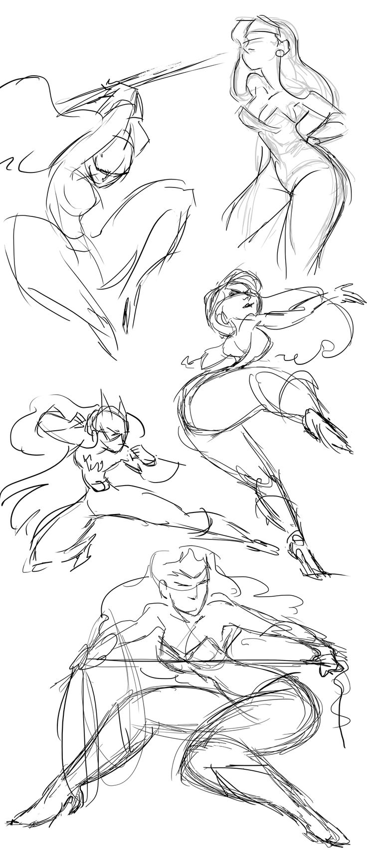 this is a black and white pencil sketch of four female characters from a comic book. the sketches are in different poses and are all dynamic and actionoriented. they look like they are all superheroes. there are four characters in this sketch.  one of the characters is in the bottom right and is crouched with her legs spread. the other is in the middle right and has her leg raised in the air, she is  jumping. the character on the left is holding a sword in her hand, and she is also in a jumping motion.  the character on the top left has a cape, she is crouched with her right leg raised.   this appears to be the type of artwork that a comic book artist would create while in the brainstorming and design process.