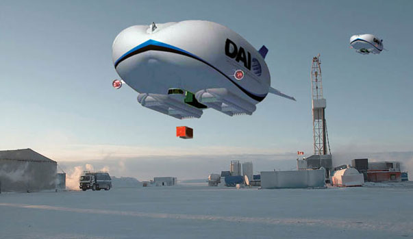 an airship hovers above a snowy arctic landscape, carrying a cargo container. in the background, there is an oil rig and other industrial structures. the airship is a large, white blimp with the word "dai" on its side. the scene is rendered digitally, and it is likely a concept for a future transportation system. the airship is potentially a futuristic concept, as it is transporting a large container in a snowy arctic environment, which may be difficult to navigate.  the image shows the potential for airship technology to be used for transportation and cargo delivery in remote and challenging environments.