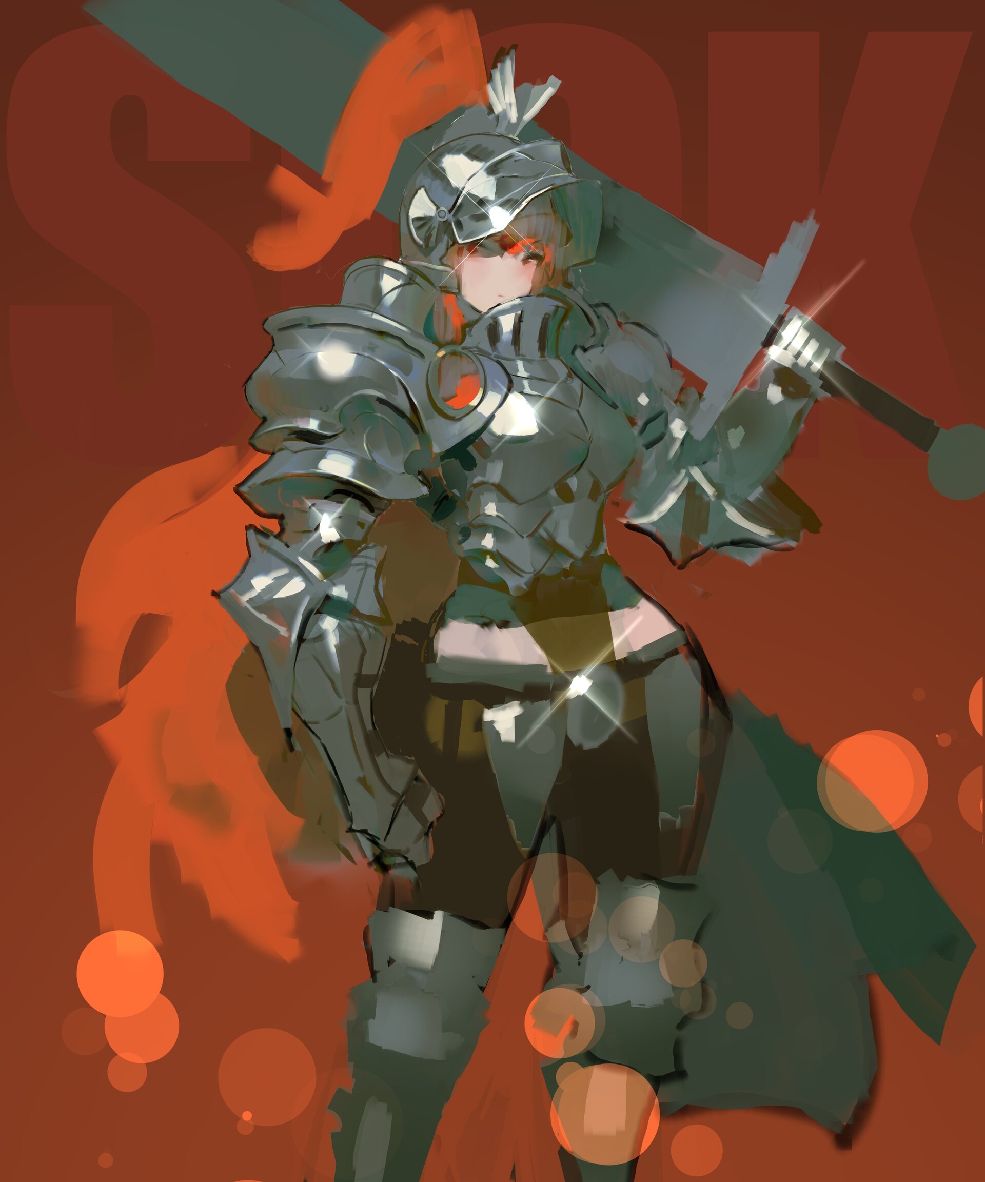 an imposing female warrior, clad in gleaming silver armor, dominates the frame. her helmeted head is turned slightly to the side, revealing a glimpse of fiery red hair. she grips a large, broadsword, its blade catching the light. the background is a dynamic swirl of fiery orange and deep red, punctuated by blurred bokeh effects, creating a sense of action and energy.
