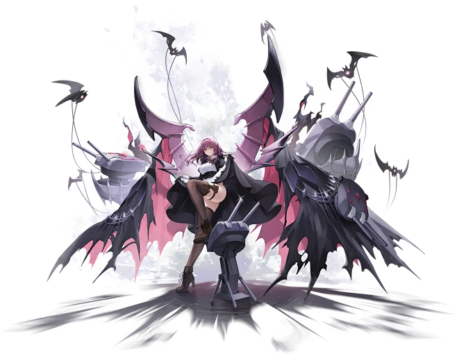 the image showcases a female anime character with long pink hair and demonlike wings, perched atop a large gun turret. she's dressed in a gothicinspired outfit with black and purple accents, stockings, and highheeled boots. her expression is serious and determined. the background is dark and smoky, with faint outlines of warships and more guns visible, suggesting a fierce battle taking place. the dramatic lighting emphasizes the character, casting her in a heroic yet somewhat sinister light. the overall feel is powerful, actionpacked, and infused with a dark fantasy aesthetic.