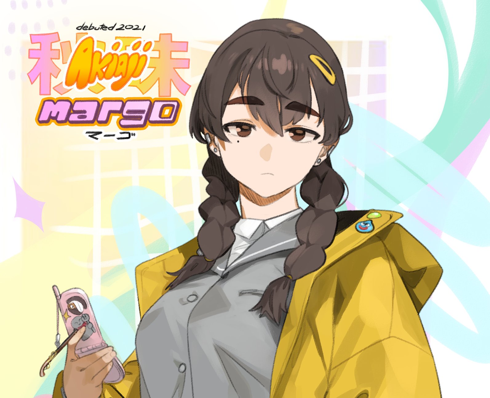 a female anime character with long brown hair in braids, wearing a yellow jacket, a gray shirt, and a pink phone, poses for the camera, with a colorful background behind her. the image has an anime art style with a focus on detail and a colorful, playful mood.