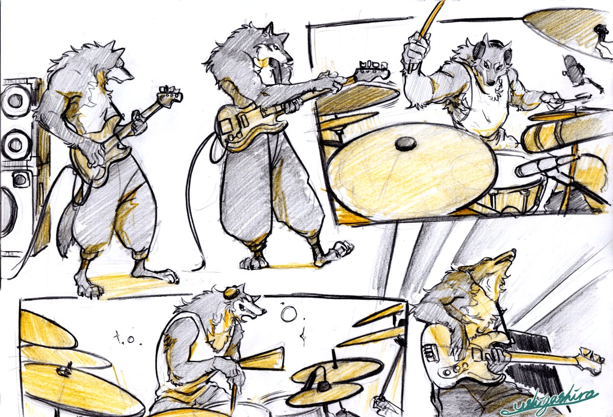 this image is a collection of sketches depicting an anthropomorphic wolf playing different musical instruments in a band. the wolf is shown playing bass guitar, drums, and also potentially singing. there are multiple perspectives of the wolf playing the instruments, giving a sense of movement and action. the environment appears to be a stage with stage lighting, indicating a live performance. the sketches are done in a loose, energetic style with grayscale shading and accents of yellow.
