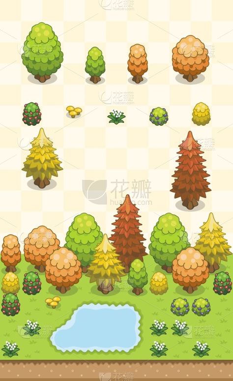 an isometric illustration of a forest clearing with a pond in the center. the clearing is surrounded by various trees, flowers, mushrooms, and grass.