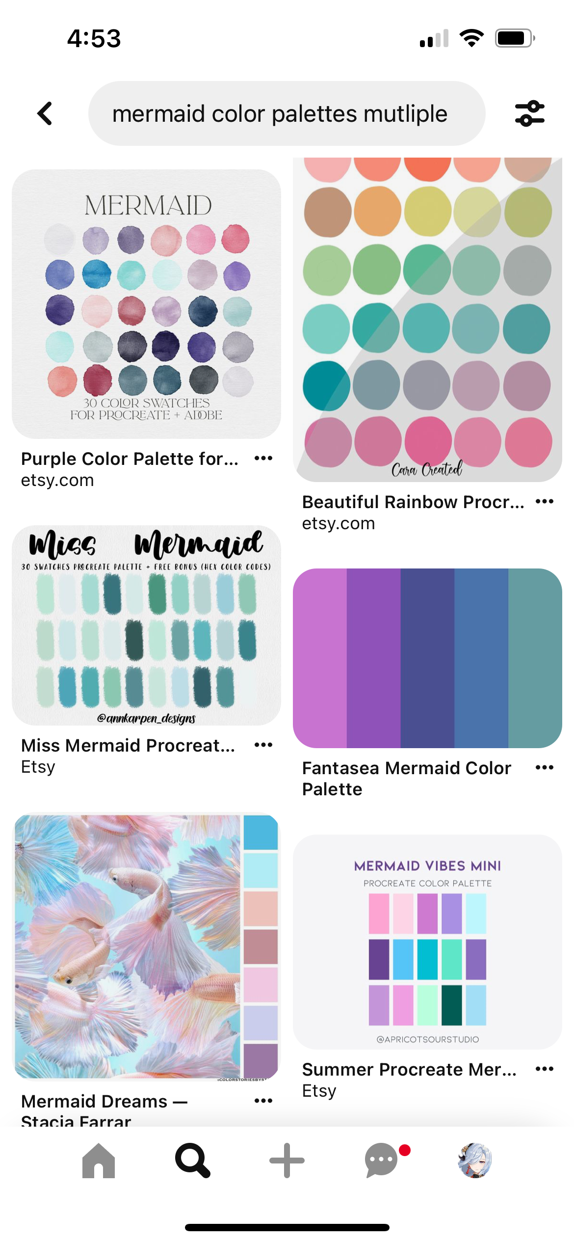 a screenshot of a search result for "mermaid color palettes multiple" on an online shopping app. the results show various color palettes for purchase, each featuring a range of colors inspired by mermaids. each result includes a title, seller, and a link to the etsy product page.