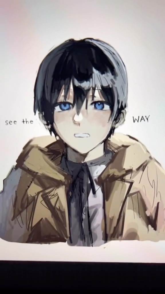 the image is a digital painting or illustration of an animestyle boy. he has dark blue hair, striking blue eyes, and a somewhat melancholic expression.  he's wearing a tancolored coat or jacket over a darker shirt. the style is reminiscent of manga or anime, with soft shading and a slightly muted color palette. the words "see the way" are written in a simple font on the image. the overall mood is somber and introspective.