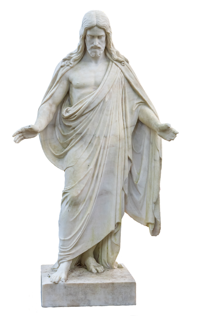 the image shows a fulllength marble statue of jesus christ. he stands with his arms outstretched and slightly bent. he is draped in a loose robe that leaves his chest partially bare. the statue is set against a black background. the statue rests on a square marble base.