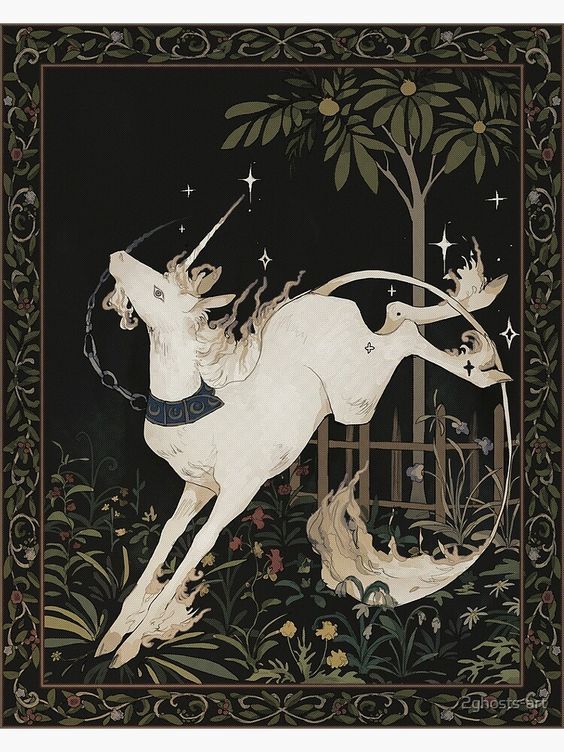 a tapestrystyle illustration of a white unicorn leaping forward in a dark garden. the unicorn wears a blue collar and is partially chained. stars and a tree with fruit are visible in the background. the image is framed by a floral border.