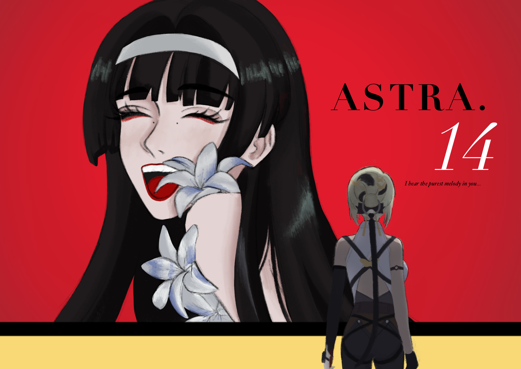 the image is a digital artwork resembling a poster.  it features a large portrait of a stylized animestyle woman with long black hair and a headband, who appears to be happily singing.  she is holding a few white lilies near her mouth. the background is a solid, deep red.  the text "astra. 14" is prominently displayed in a sleek font, along with the smaller phrase "i bear the purest melody in you...".  below this is a smaller figure, seemingly another animestyle woman with blonde hair, wearing a dark outfit, standing with her back turned towards the viewer. the overall style is highly expressive, mixing elements of anime and perhaps a touch of art nouveau. the color palette is dominated by red, black, and the white of the flowers.  the bottom border of the image is pale yellow.