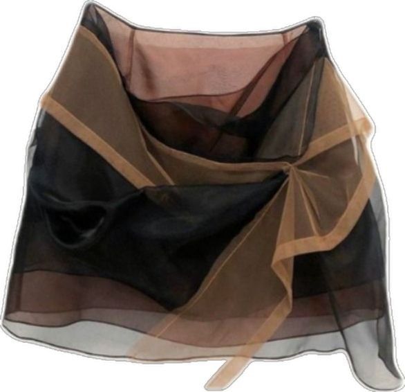 a black and brown sheer skirt with a wrap design. the fabric is light and airy, and the skirt is very drapey. it would be perfect for a summer party or a night out. the skirt is made of a sheer fabric that is slightly seethrough, and it has a flowy, drapey silhouette. the skirt is black and brown, and it has a wrap design that can be adjusted to fit your body. the skirt is lightweight and comfortable to wear.  it would be perfect for a summer party or a night out.