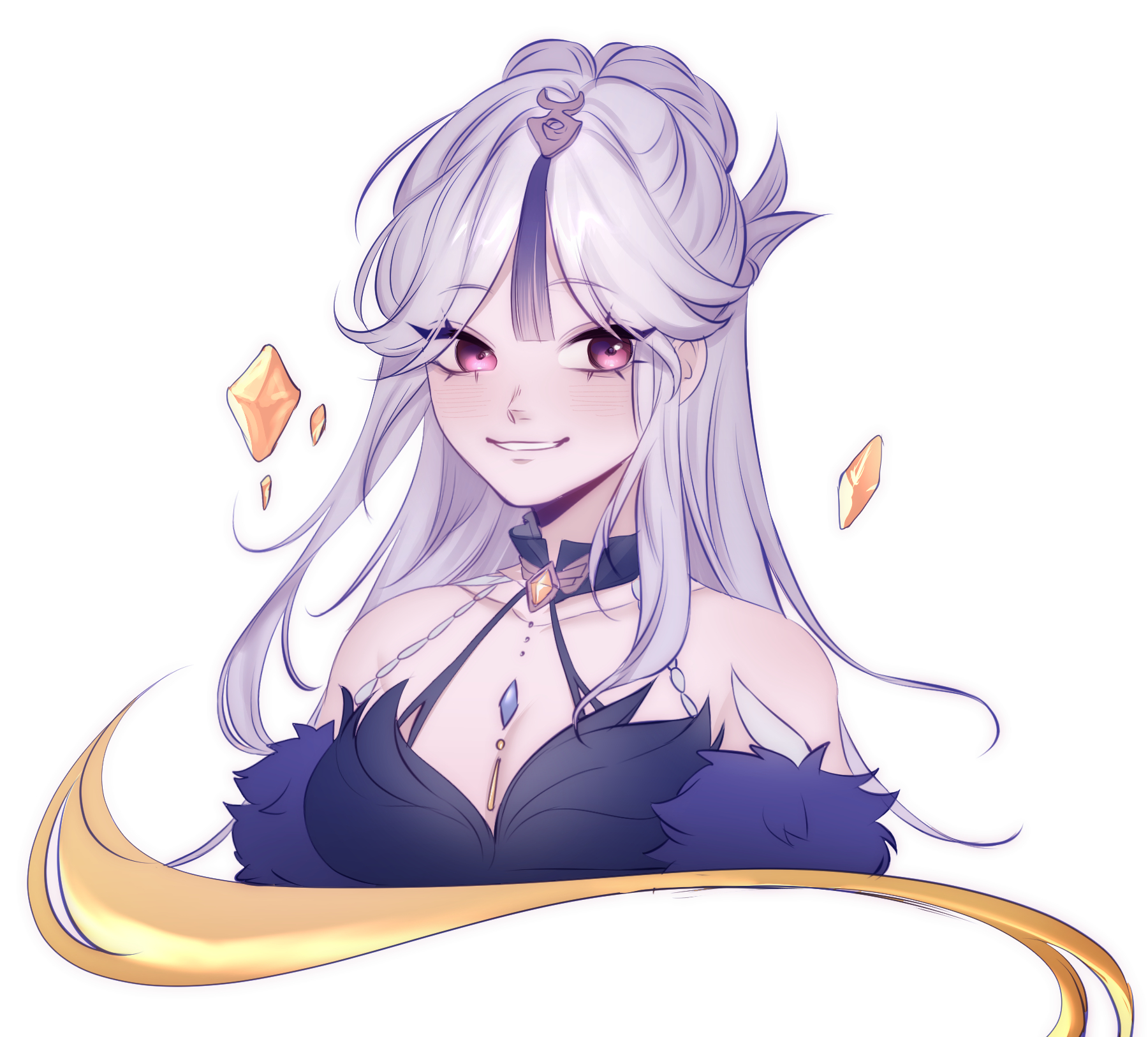 a digital drawing of a young woman with white hair, blue eyes, and a black dress with gold jewelry. her eyes sparkle and she has a happy smile on her face. she seems to be magical and ethereal with a fantastical background.