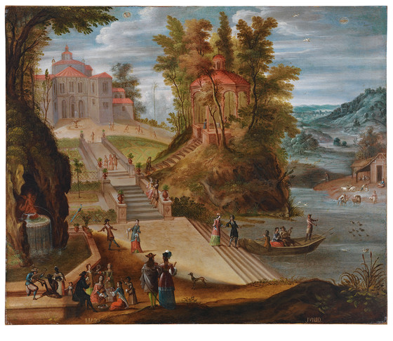 the image is a painting of an elaborate landscape. in the foreground, a group of people are picnicking and socializing near a set of stairs leading down to a river. a boat filled with people is in the river near the stairs. the river extends into the background, with a building and people with animals visible on the far shore. to the left, there is a grotto with a fountain. ascending from the foreground are multiple sets of stairs, with figures walking along them, leading up to a grand building on a hill. another set of stairs leads up to a gazebo. the background features rolling hills and trees, completing the scenic composition.