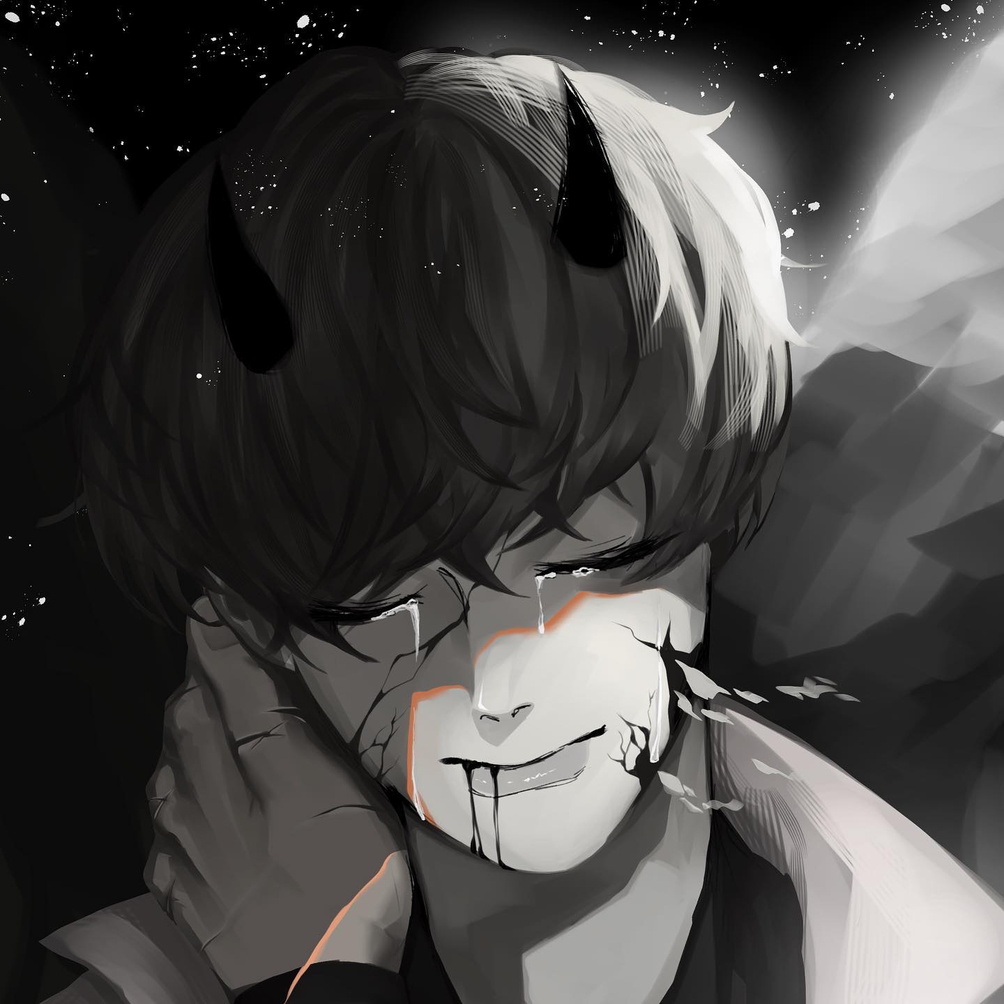 the image depicts a young anime boy with horns crying. his face is cracked and broken, suggesting a deep sadness or pain. the overall tone of the image is dark and melancholic, with a sense of supernatural or fantasy elements. the black and white color scheme emphasizes the emotional depth and contrasts between light and shadow.