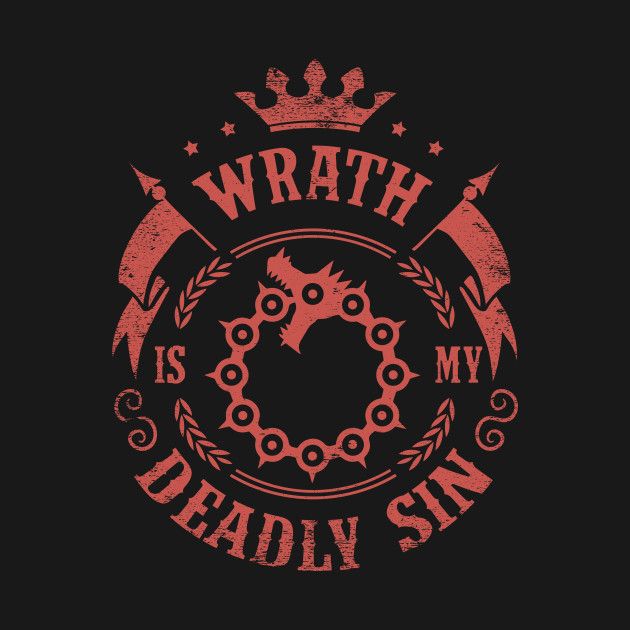 a circular emblem with the text “wrath is my deadly sin” around a symbol that appears to be a dragon eating its own tail inside a circle made of connected circles. all the design elements are red, except for the background, which is black. there are wheat stalks on the sides of the circular emblem and banners below a crown above the emblem.