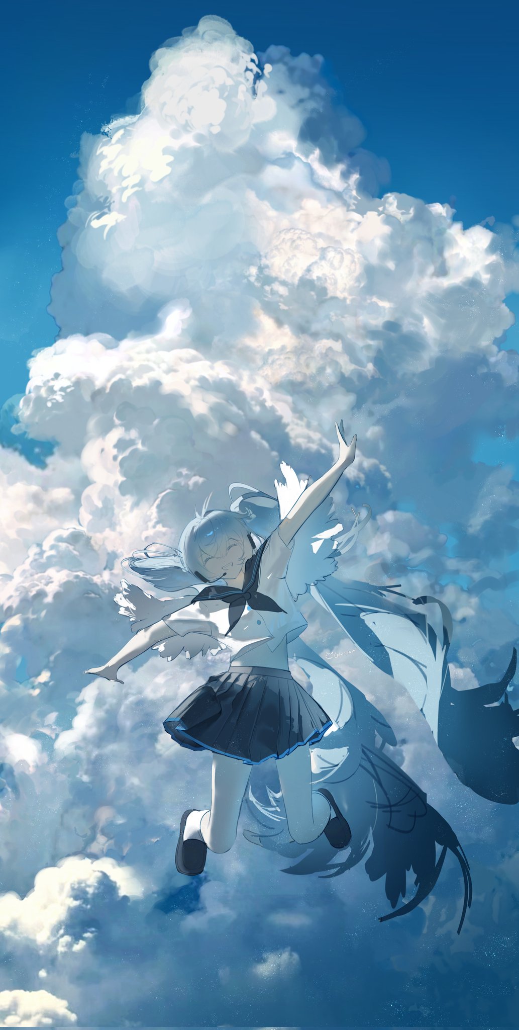 the image is a digital painting or illustration depicting an animestyle girl with long, light blue hair joyfully leaping through a bright blue sky filled with fluffy white clouds.  she's wearing a darkcolored sailorstyle school uniform skirt and a white top. her pose and expression convey a sense of carefree happiness and freedom. the style is painterly and airy, emphasizing light and movement, with the clouds providing a soft, dreamy background. the overall mood is serene and cheerful.