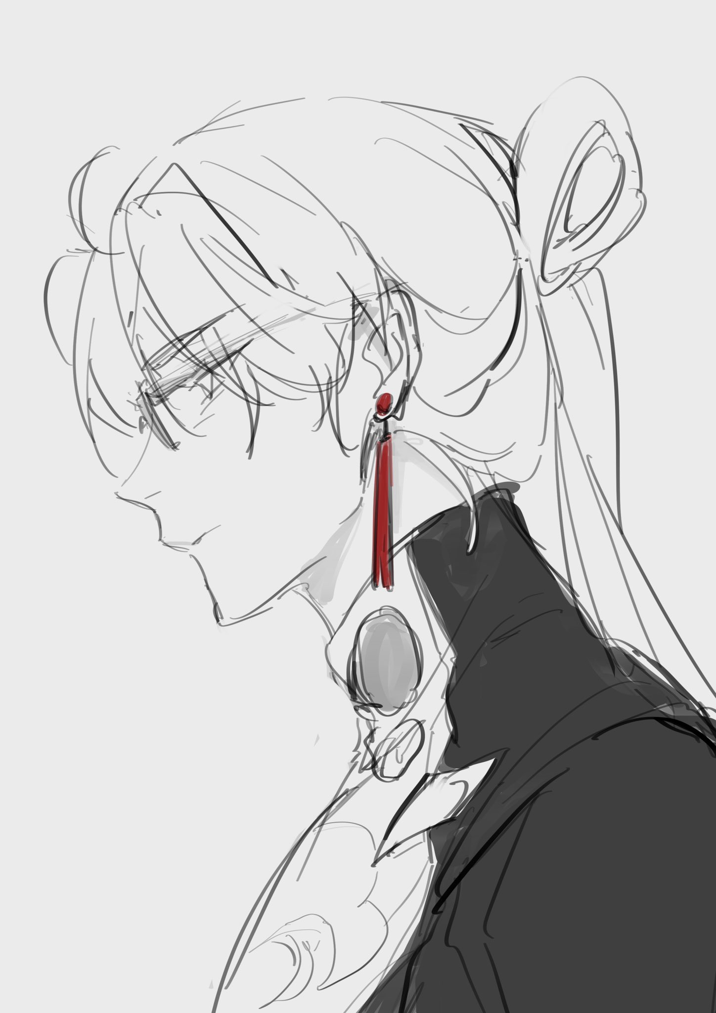 this image is a sketch of an anime girl with long hair, wearing glasses, a black outfit, a red earring and necklace.