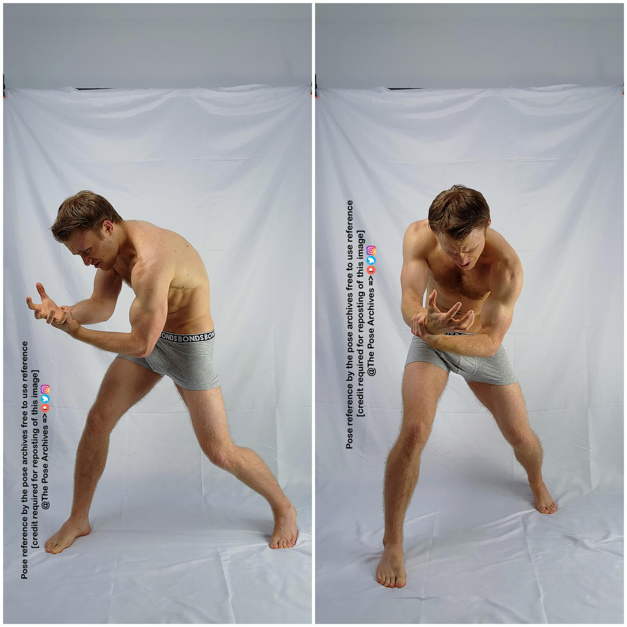 the image shows a man in a dynamic pose, possibly depicting an action or a struggle. he is shirtless, wearing only grey underwear, and his body is tensed, suggesting effort or force.  his expression is one of concentration and strain. the background is a plain white backdrop, common in photography studios. the lighting is soft and diffused, minimizing harsh shadows.