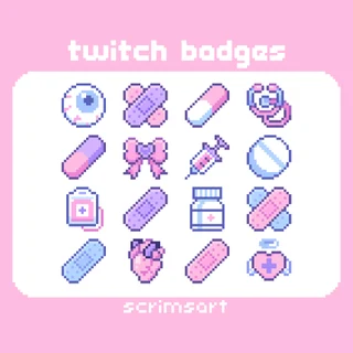 this image contains 16 pixel art badges of various medicalrelated items, such as bandaids, pills, a heart, and a first aid kit, in a pastel pink and purple color scheme. the words "twitch badges" are at the top and "scrimsart" is at the bottom.