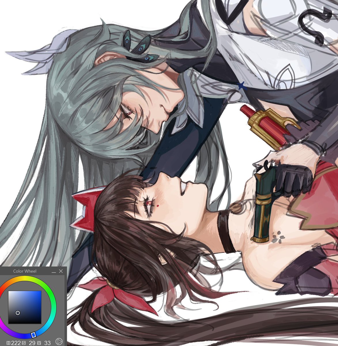 this is a beautiful anime art piece featuring two female characters.  the character with white hair is wearing a black outfit and holding a gun as they are embracing the character with black hair who is laying down. there is an element of romance and passion conveyed in the image.