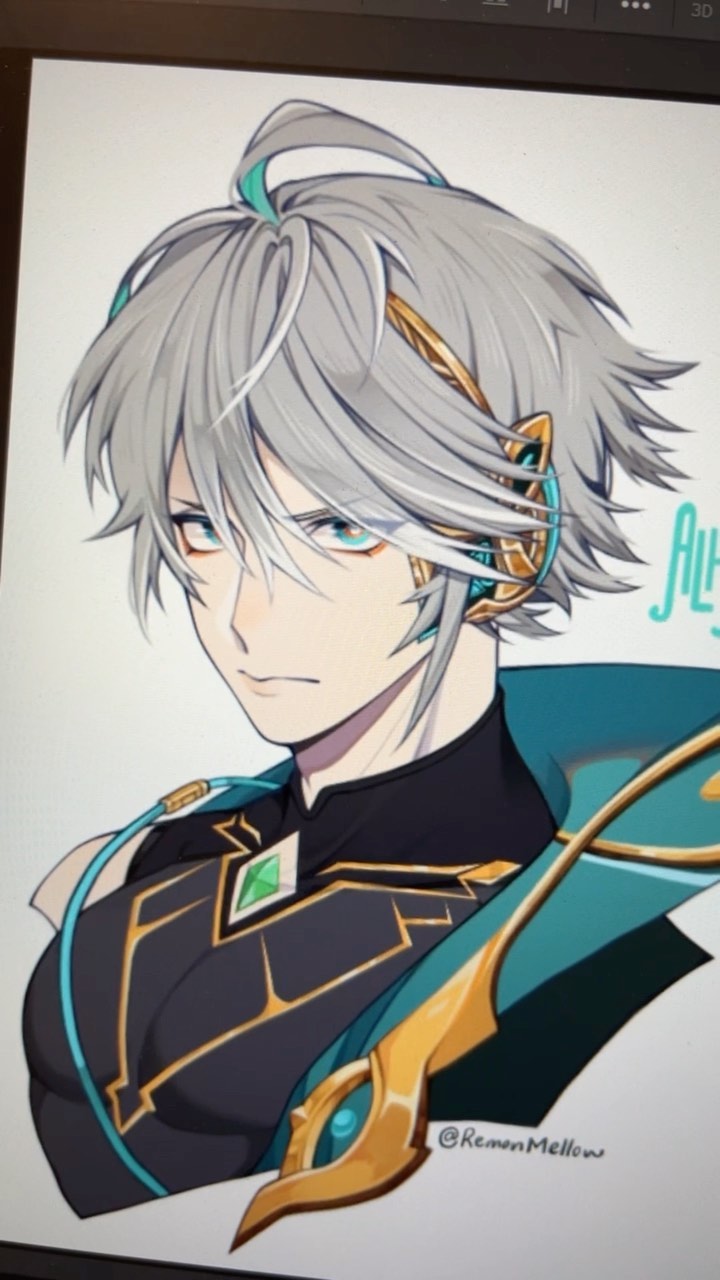 the image is a digital fanart depicting a stylized animestyle male character. he has long, gray hair styled in a loose ponytail with a teal accent. his eyes are a striking bluegreen.  he's wearing a sophisticated outfit featuring dark clothing accented with gold and teal details, and what appears to be stylized headphones or a headset. the art style is clean and polished, with a focus on detail in the clothing and hair.  the overall aesthetic leans towards elegant and stylish, possibly suggestive of a virtual streamer or vtuber character design.  the artist's signature, "@remonmellow", is visible in the bottom right corner.