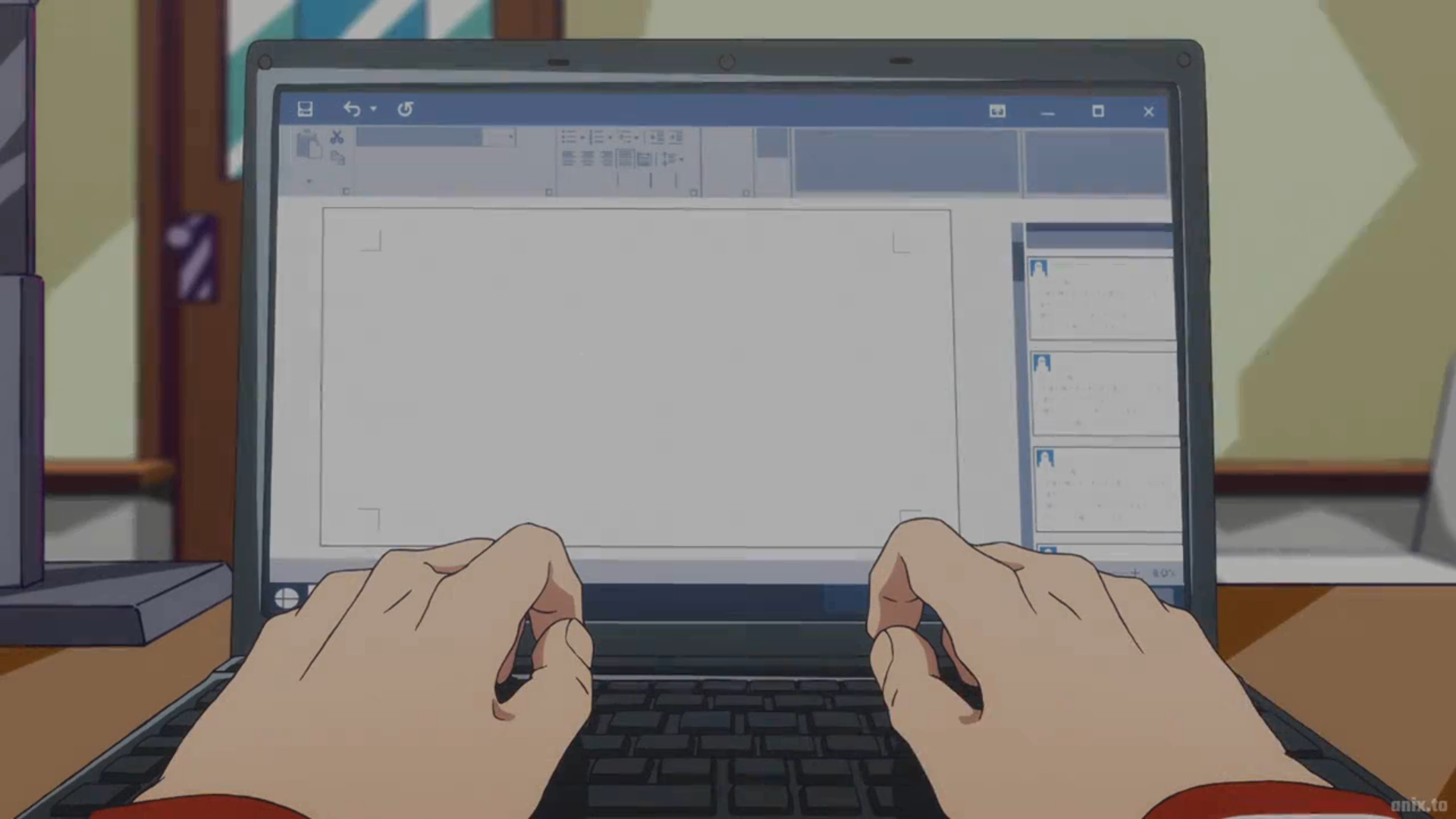 the image shows a closeup of a pair of hands typing on a laptop keyboard. the laptop screen displays a blank document, a toolbar, and a sidebar with chat windows. the background suggests an indoor setting, possibly an office or a study room. the image utilizes a firstperson perspective, creating a sense of engagement for the viewer.