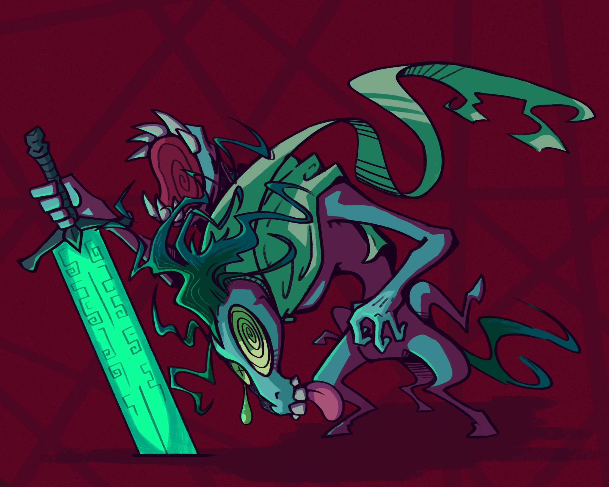 a stylized illustration of a blue, monstrous creature holding a glowing green sword. it is posed dynamically against a dark red background with a geometric pattern. the creature has exaggerated features, sharp teeth, and is drooling. it appears menacing and otherworldly.