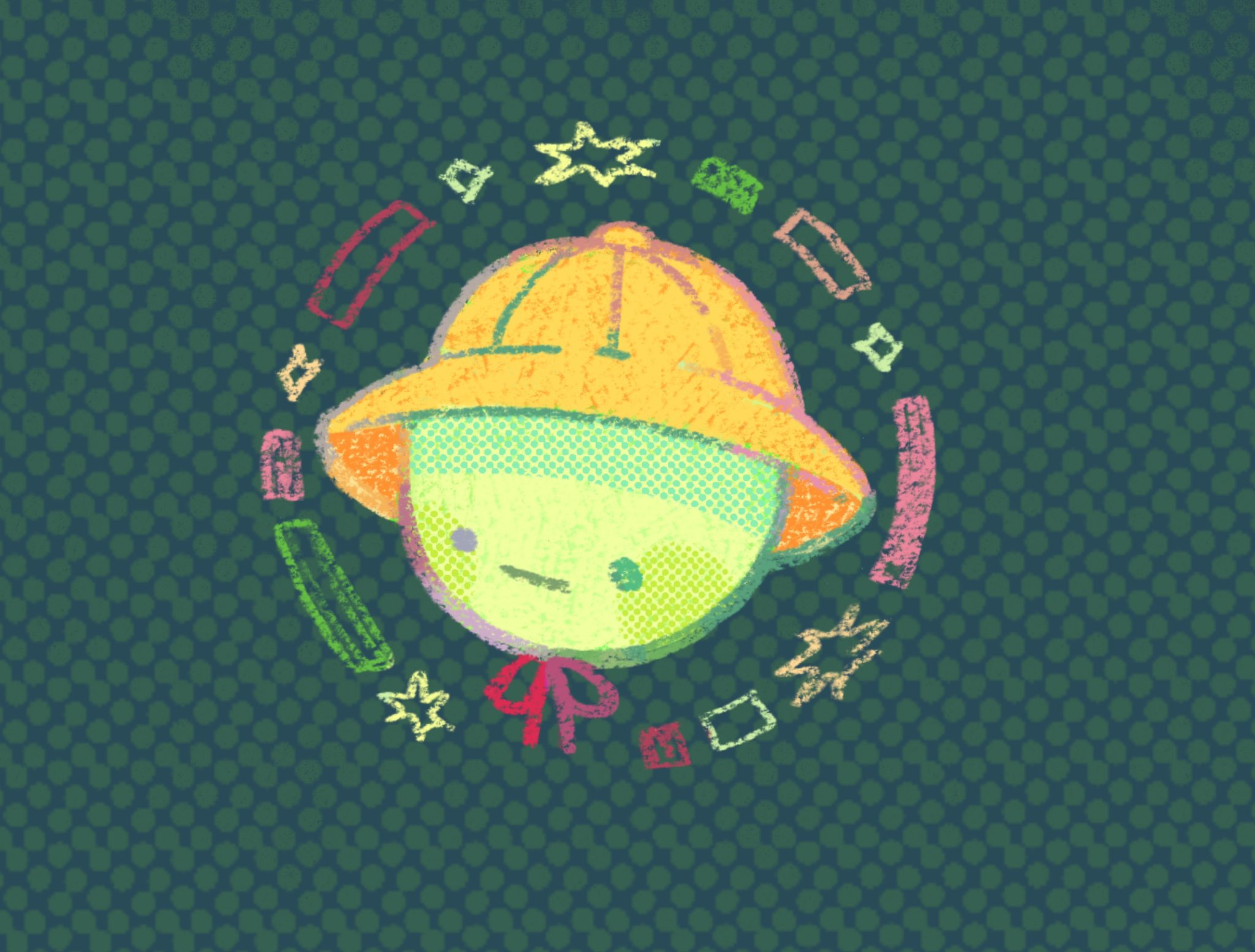 the image is a whimsical cartoon illustration of a child's face wearing a yellow sunhat. the style mimics a child's crayon or chalk drawing, with uneven lines, pastel colors, and a textured background of green dots.  the face is simple and friendly, and it's surrounded by additional crayonlike scribbles, shapes, and stars, adding to the playful and carefree feeling of the artwork. the overall aesthetic is reminiscent of children's art or a playful graphic design.