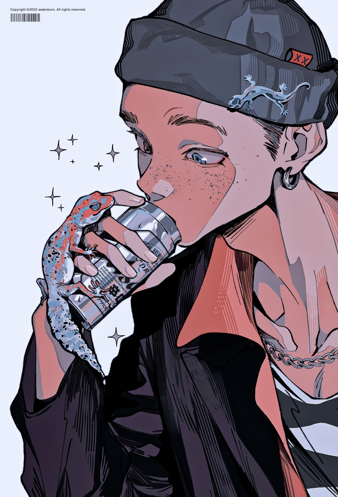 a digitally drawn animestyle portrait of a young man with a beanie, jacket, necklace, and tattoos. he's drinking from a can, holding a small lizard in the other hand. he looks serious and cool, with a confident and edgy vibe.  the drawing is very detailed with interesting use of color, light, and shadow.