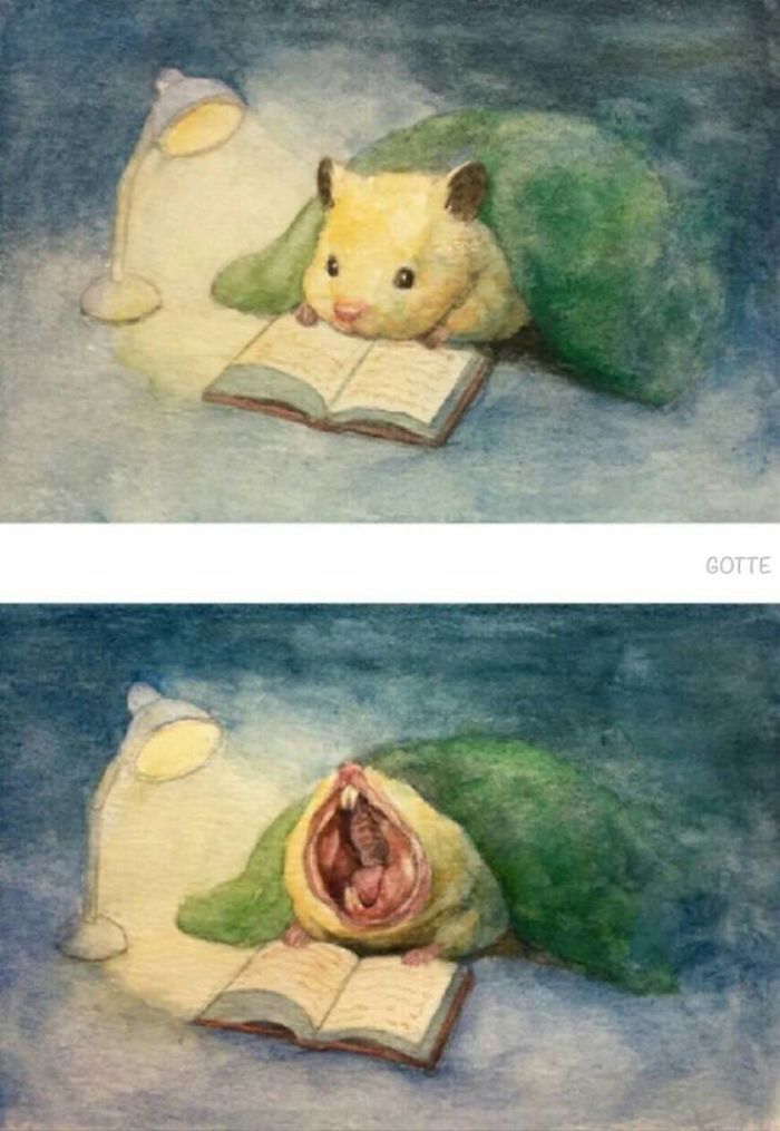the image depicts two watercolor paintings of a hamster under a green blanket, beside a lit lamp and reading a book. in the first painting, the hamster is awake. in the second painting, the hamster is sleeping with its mouth wide open.
