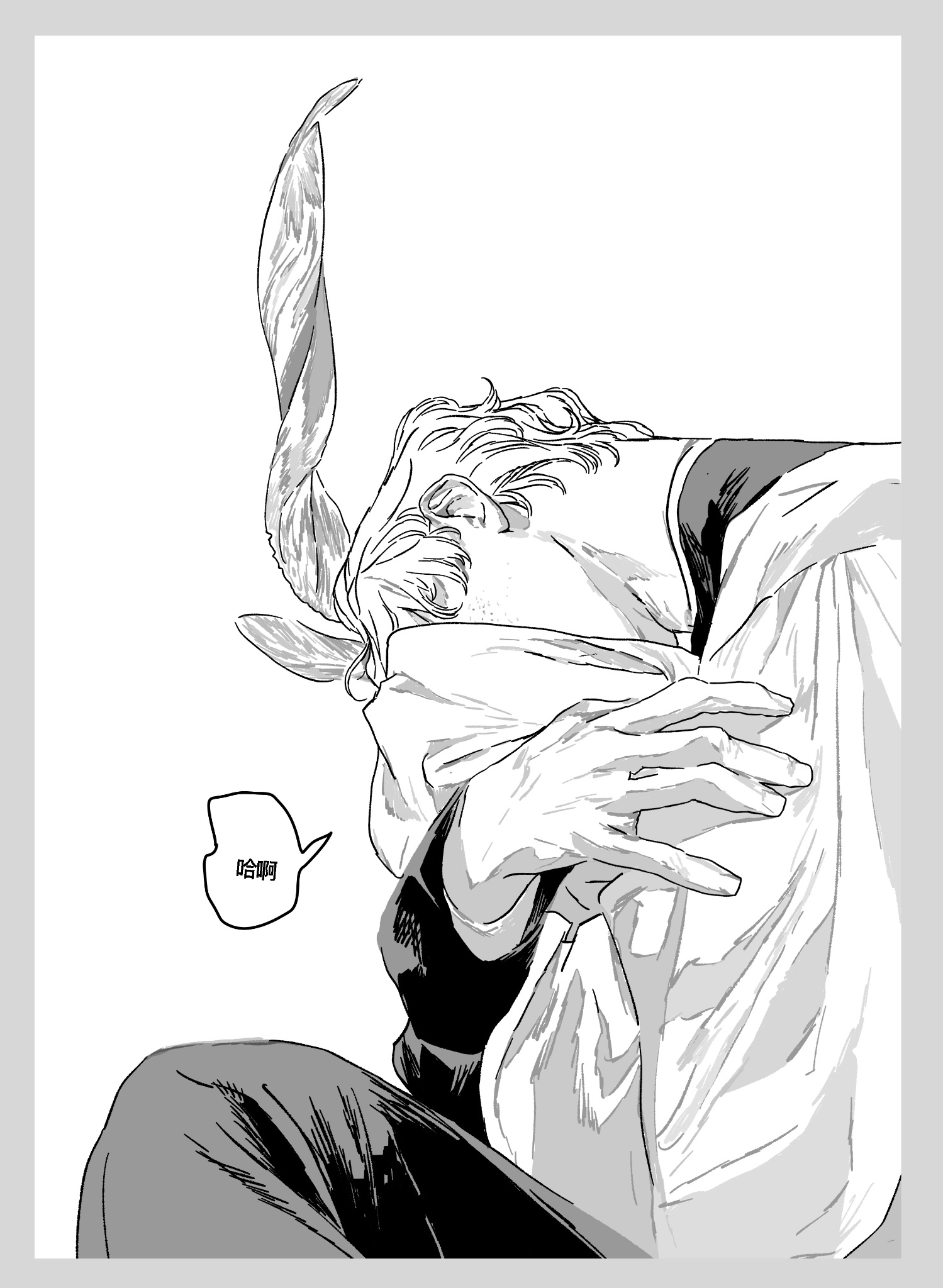 a manga panel depicts a male character with blond hair covering his face with his hand. he is wearing a suit. to the left, there is a speech bubble with text in chinese. there is a tall, twisted object behind his head.