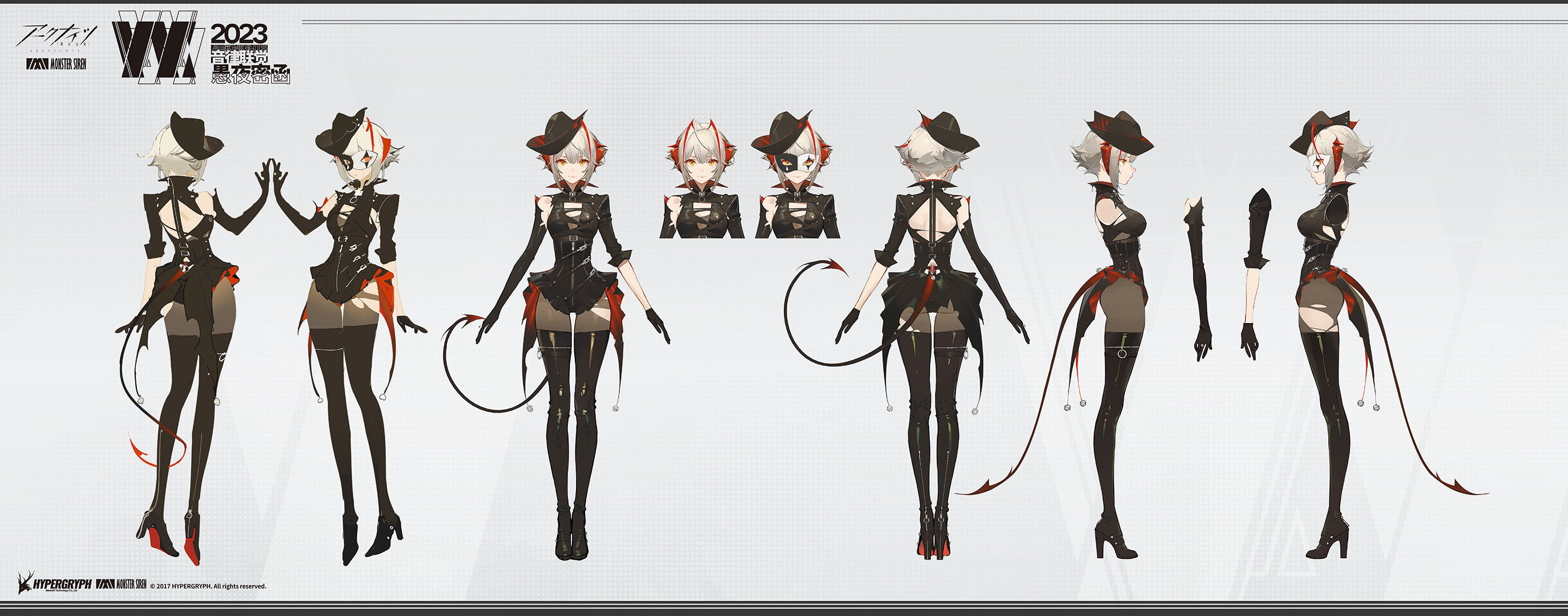 the image shows a character design sheet for a female character, likely from the game arknights. she has a short, whiteandred hairstyle and is wearing a black outfit that includes a hat, a corsetstyle top, shorts, and thighhigh boots. the design sheet includes multiple views of the character, including front, side, and back angles, as well as closeups of her face and mask. she also has a demon tail. the design sheet also includes the logos of hypergryph and monster siren, as well as the "2023" logo.